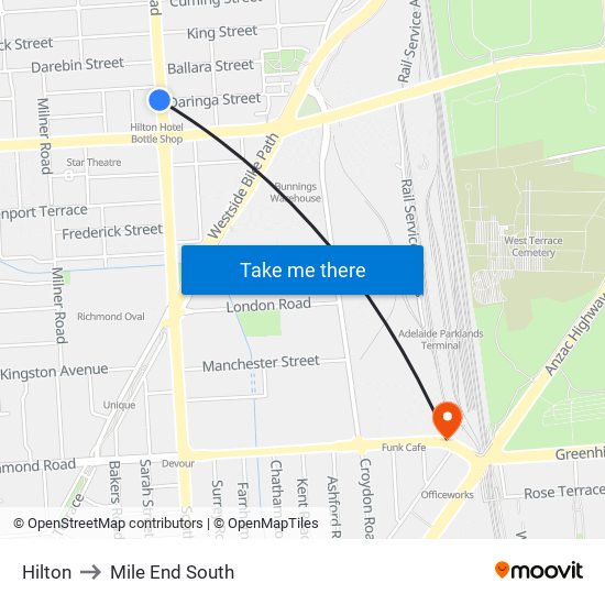 Hilton to Mile End South map