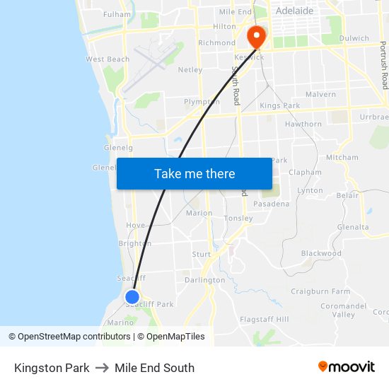 Kingston Park to Mile End South map