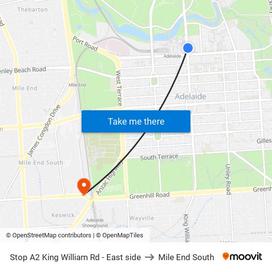 Stop A2 King William Rd - East side to Mile End South map