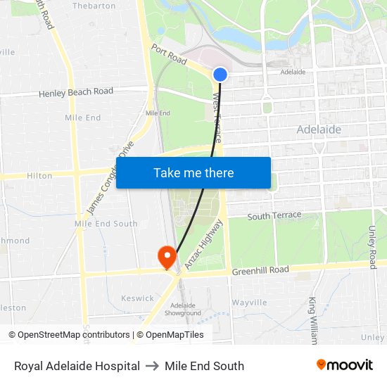 Royal Adelaide Hospital to Mile End South map