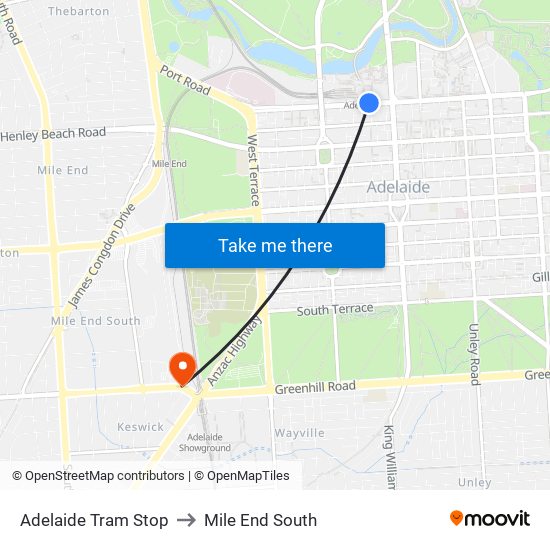 Adelaide Tram Stop to Mile End South map