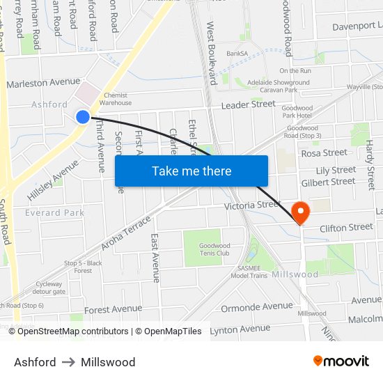 Ashford to Millswood map