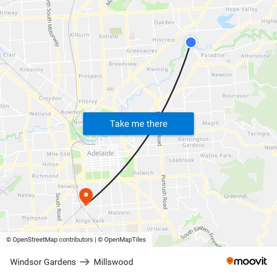 Windsor Gardens to Millswood map