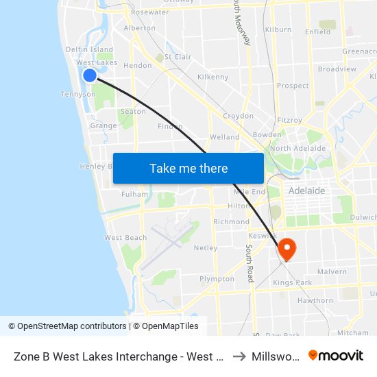 Zone B West Lakes Interchange - West side to Millswood map