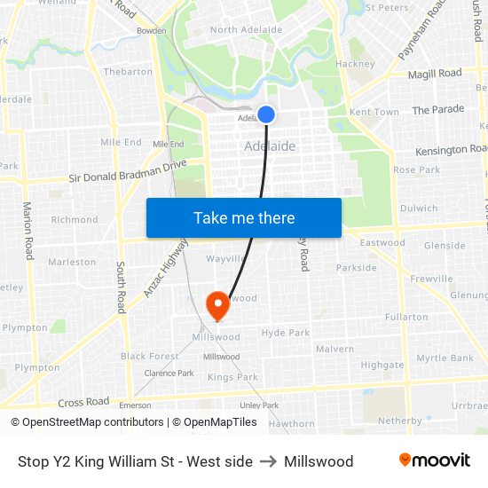 Stop Y2 King William St - West side to Millswood map