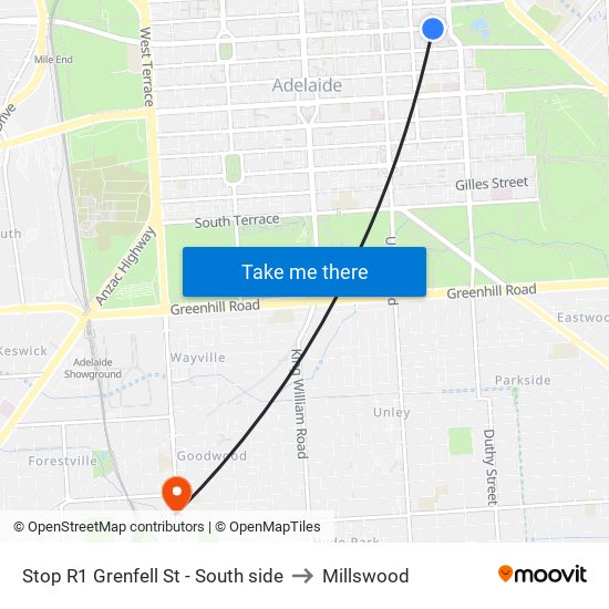 Stop R1 Grenfell St - South side to Millswood map