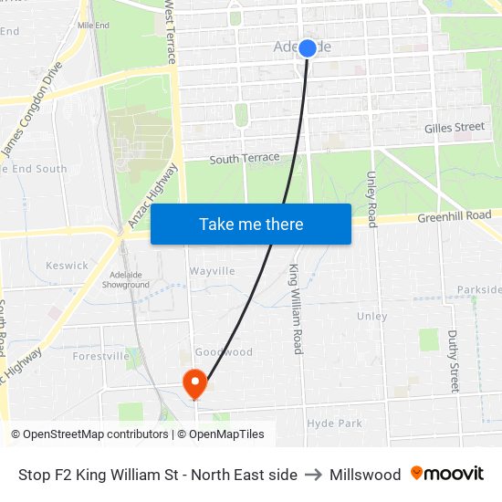 Stop F2 King William St - North East side to Millswood map