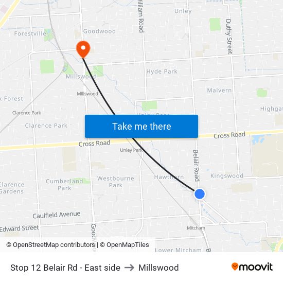 Stop 12 Belair Rd - East side to Millswood map