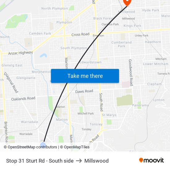 Stop 31 Sturt Rd - South side to Millswood map