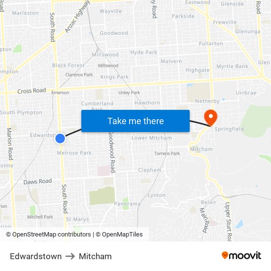 Edwardstown to Mitcham map