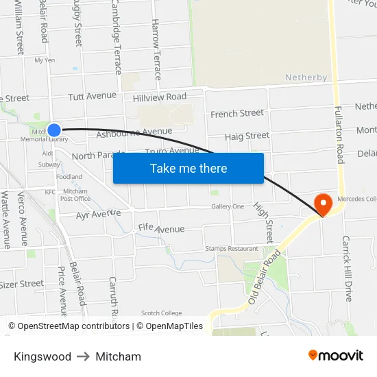 Kingswood to Mitcham map