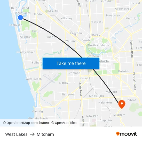 West Lakes to Mitcham map