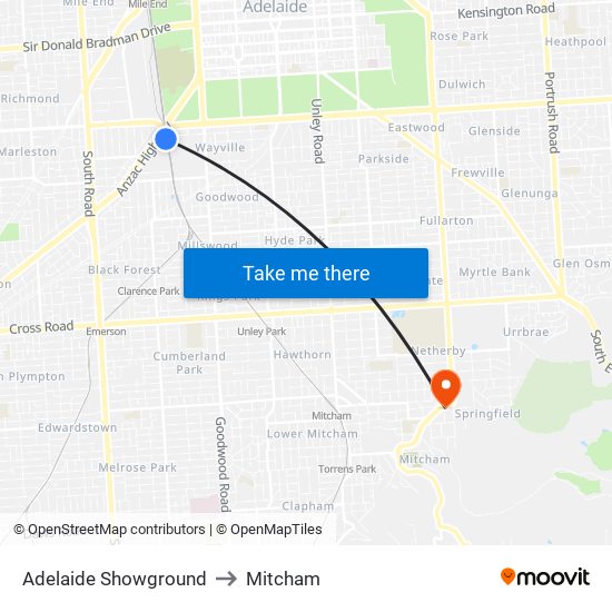 Adelaide Showground to Mitcham map