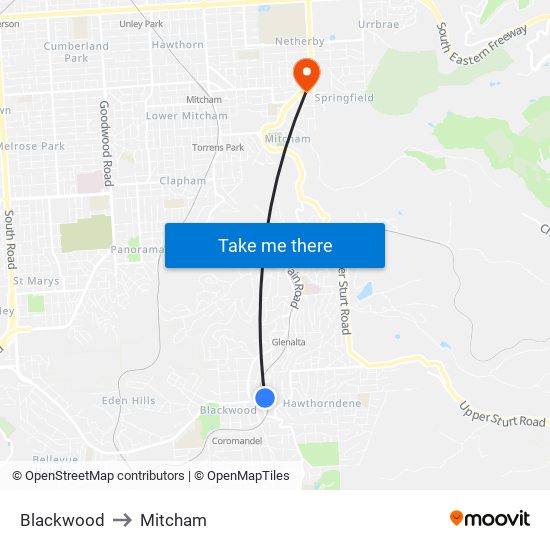 Blackwood to Mitcham map