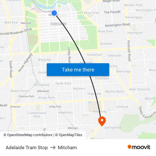 Adelaide Tram Stop to Mitcham map