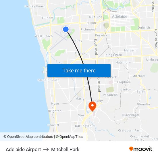 Adelaide Airport to Mitchell Park map