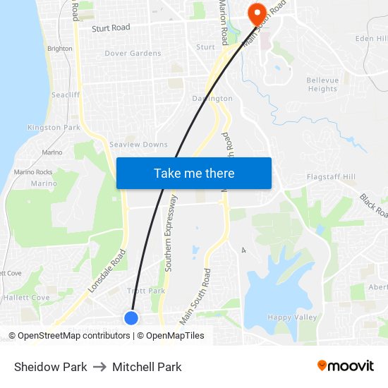 Sheidow Park to Mitchell Park map