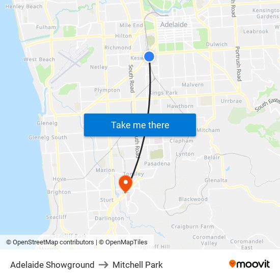 Adelaide Showground to Mitchell Park map
