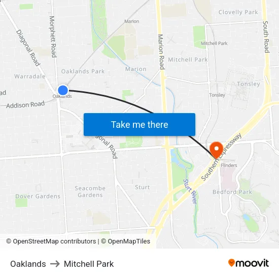 Oaklands to Mitchell Park map