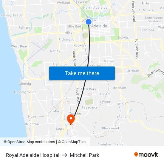 Royal Adelaide Hospital to Mitchell Park map