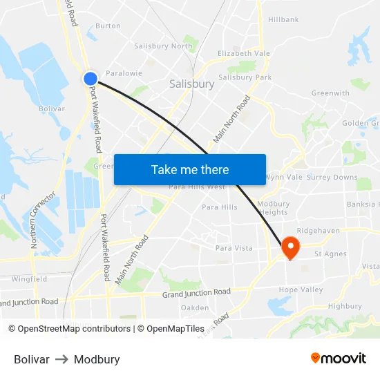 Bolivar to Modbury map
