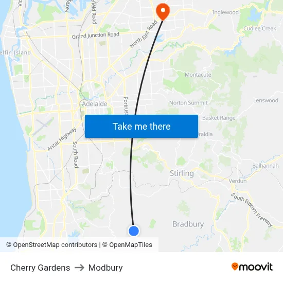 Cherry Gardens to Modbury map