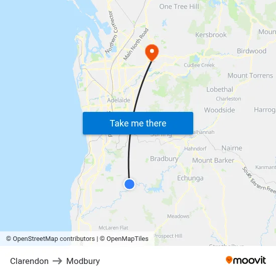Clarendon to Modbury map