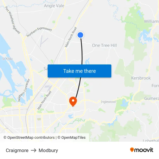 Craigmore to Modbury map