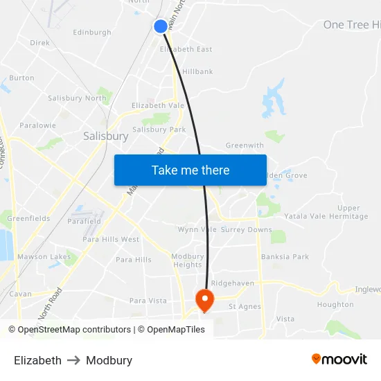 Elizabeth to Modbury map
