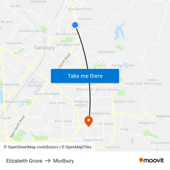 Elizabeth Grove to Modbury map