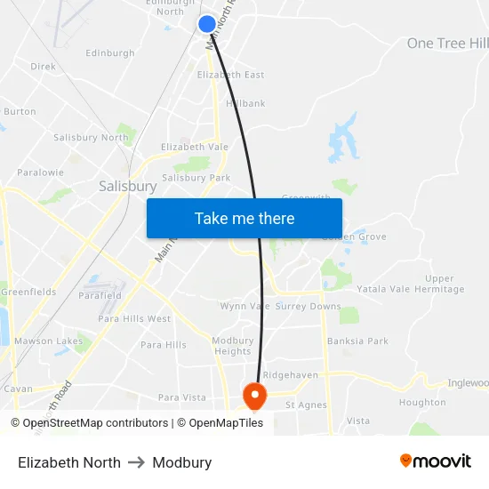Elizabeth North to Modbury map