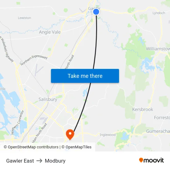 Gawler East to Modbury map