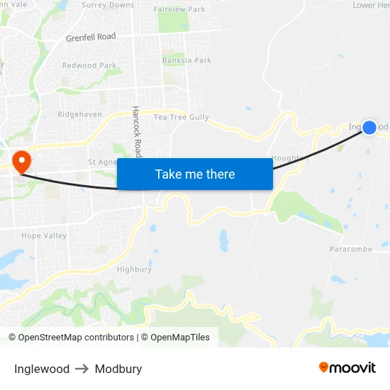 Inglewood to Modbury map