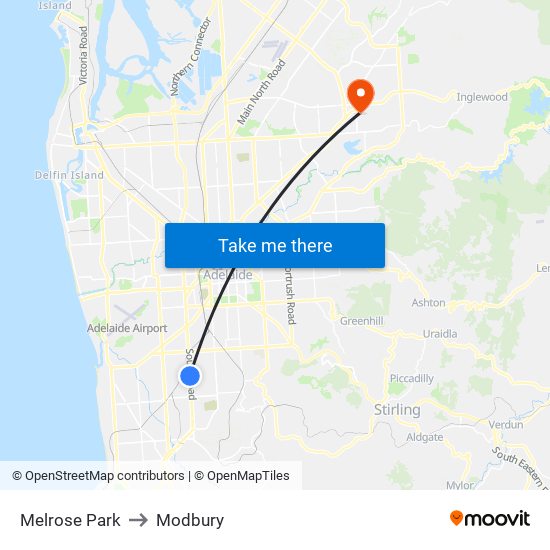 Melrose Park to Modbury map