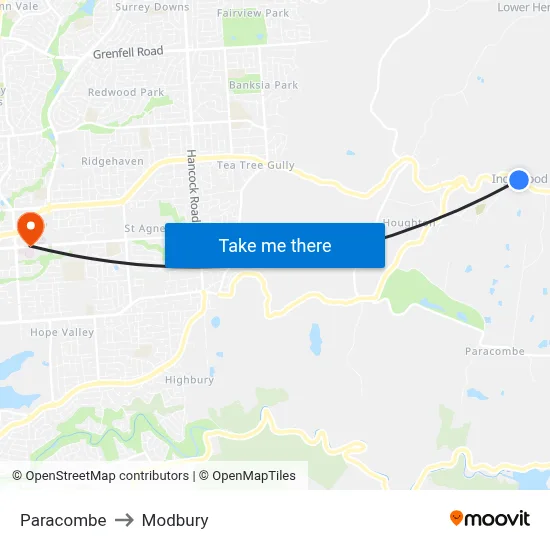Paracombe to Modbury map