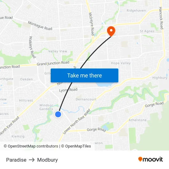 Paradise to Modbury map