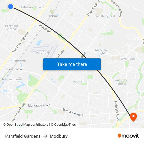 Parafield Gardens to Modbury map