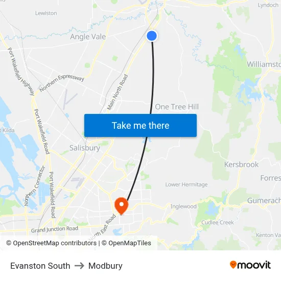 Evanston South to Modbury map