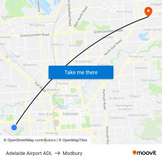 Adelaide Airport ADL to Modbury map