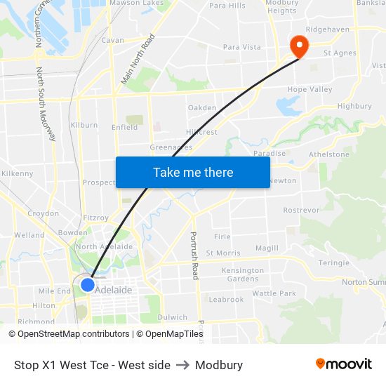 Stop X1 West Tce - West side to Modbury map