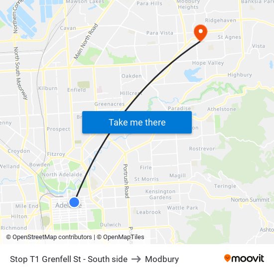 Stop T1 Grenfell St - South side to Modbury map