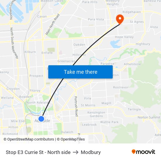 Stop E3 Currie St - North side to Modbury map