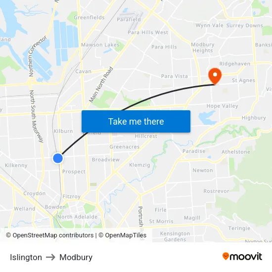Islington to Modbury map