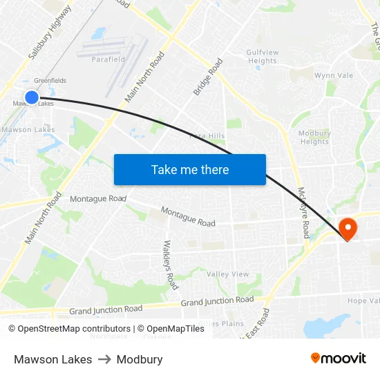 Mawson Lakes to Modbury map