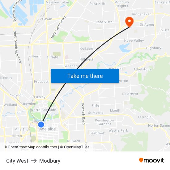 City West to Modbury map