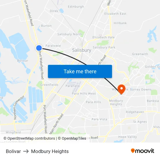 Bolivar to Modbury Heights map