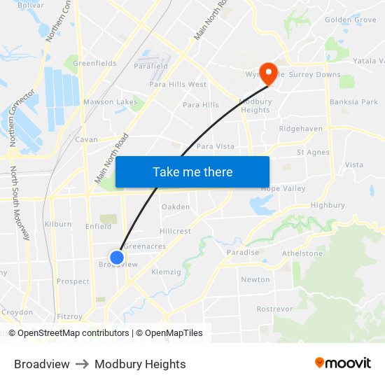 Broadview to Modbury Heights map