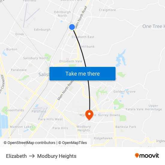 Elizabeth to Modbury Heights map