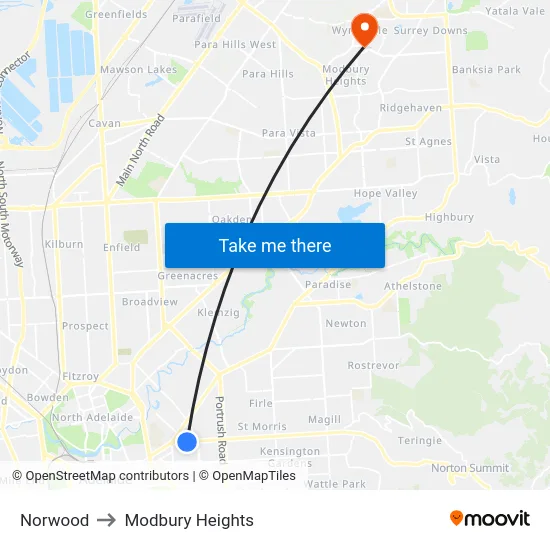 Norwood to Modbury Heights map