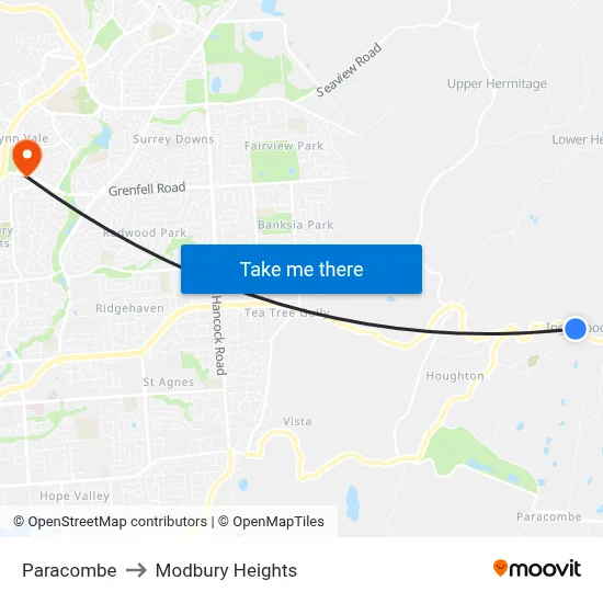 Paracombe to Modbury Heights map
